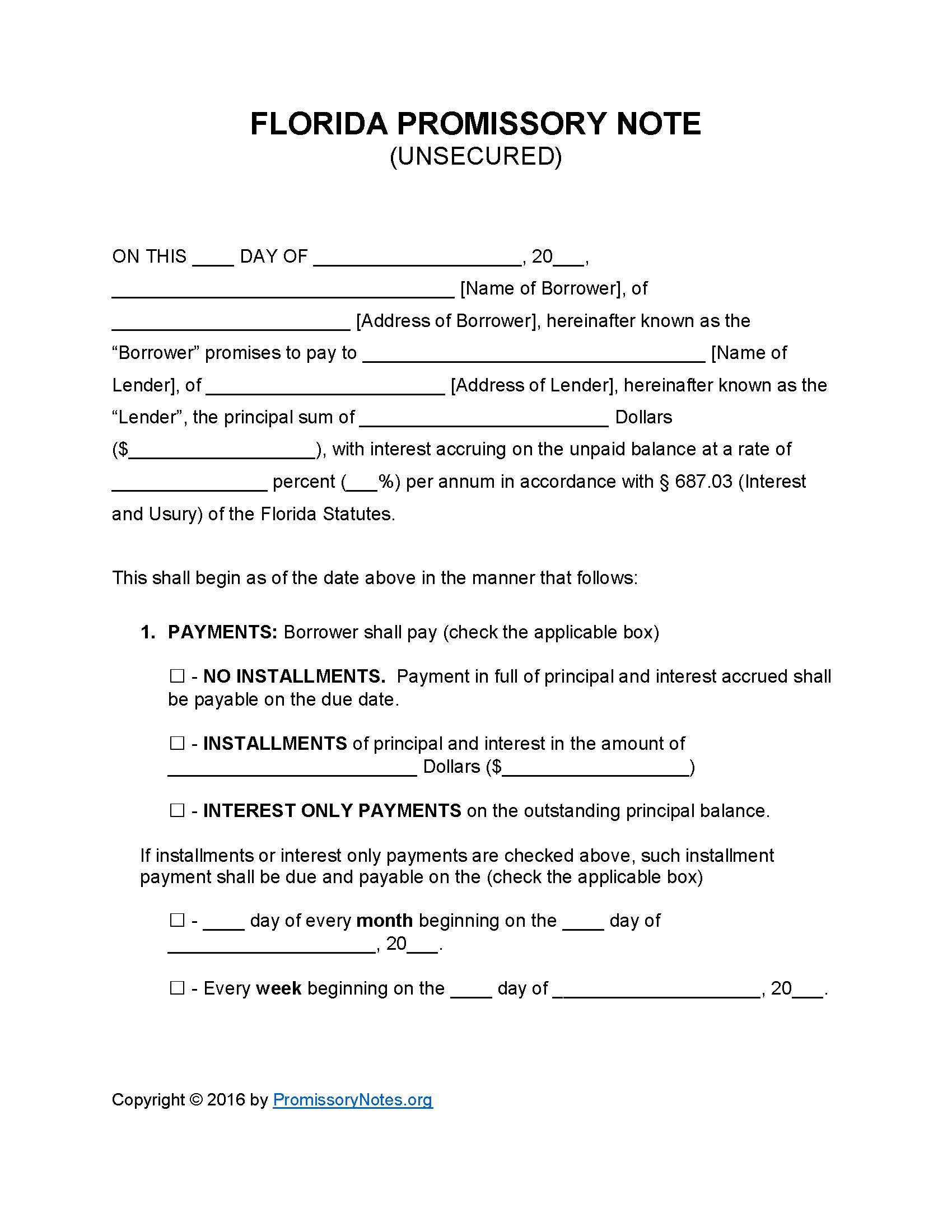 Florida Unsecured Promissory Note Template – Promissory For Loan Promissory Note Template