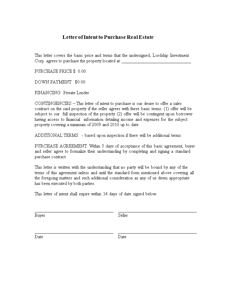 Formal Purchase Offer Letter | Templates At With Regard To Letter Of Intent For Real Estate Purchase Template