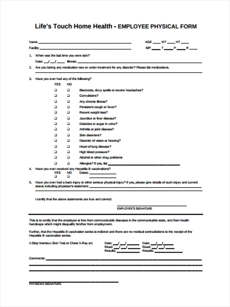 Free 5+ Sample Employee Physical Forms In Ms Word | Pdf Throughout History And Physical Template Word