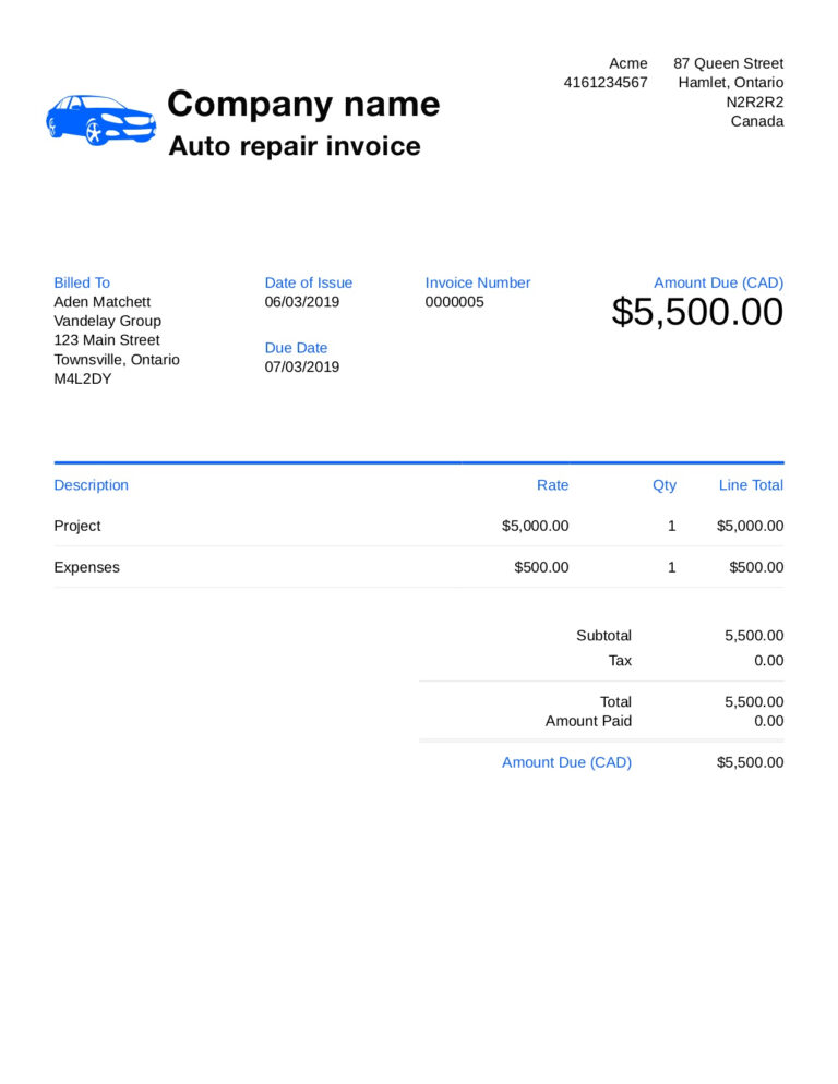 Free Auto Repair Invoice Template. Customize And Send In 90 Throughout