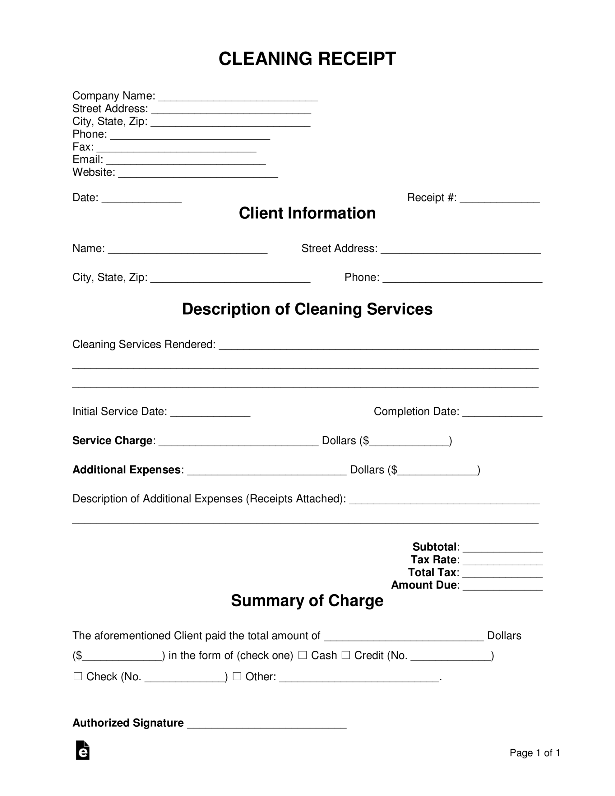 Free Cleaning Service Receipt Template – Pdf | Word | Eforms Throughout House Cleaning Invoice Template Free