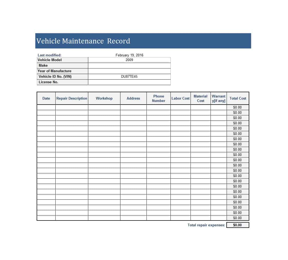 Free Fleet Management Spreadsheet Download Excel Truck For Maintenance Job Card Template