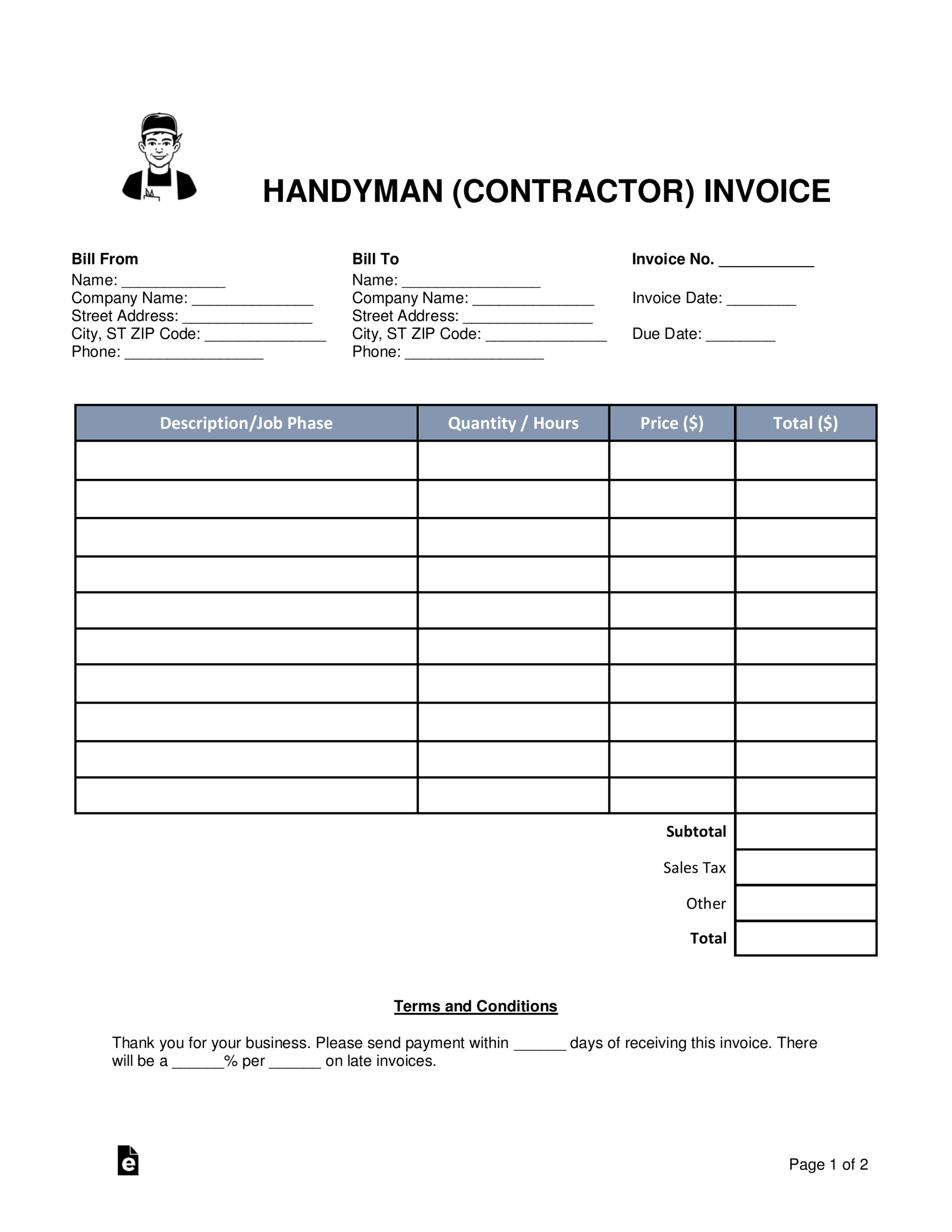 Free Handyman (Contractor) Invoice Template – Word | Pdf With General Contractor Invoice Template