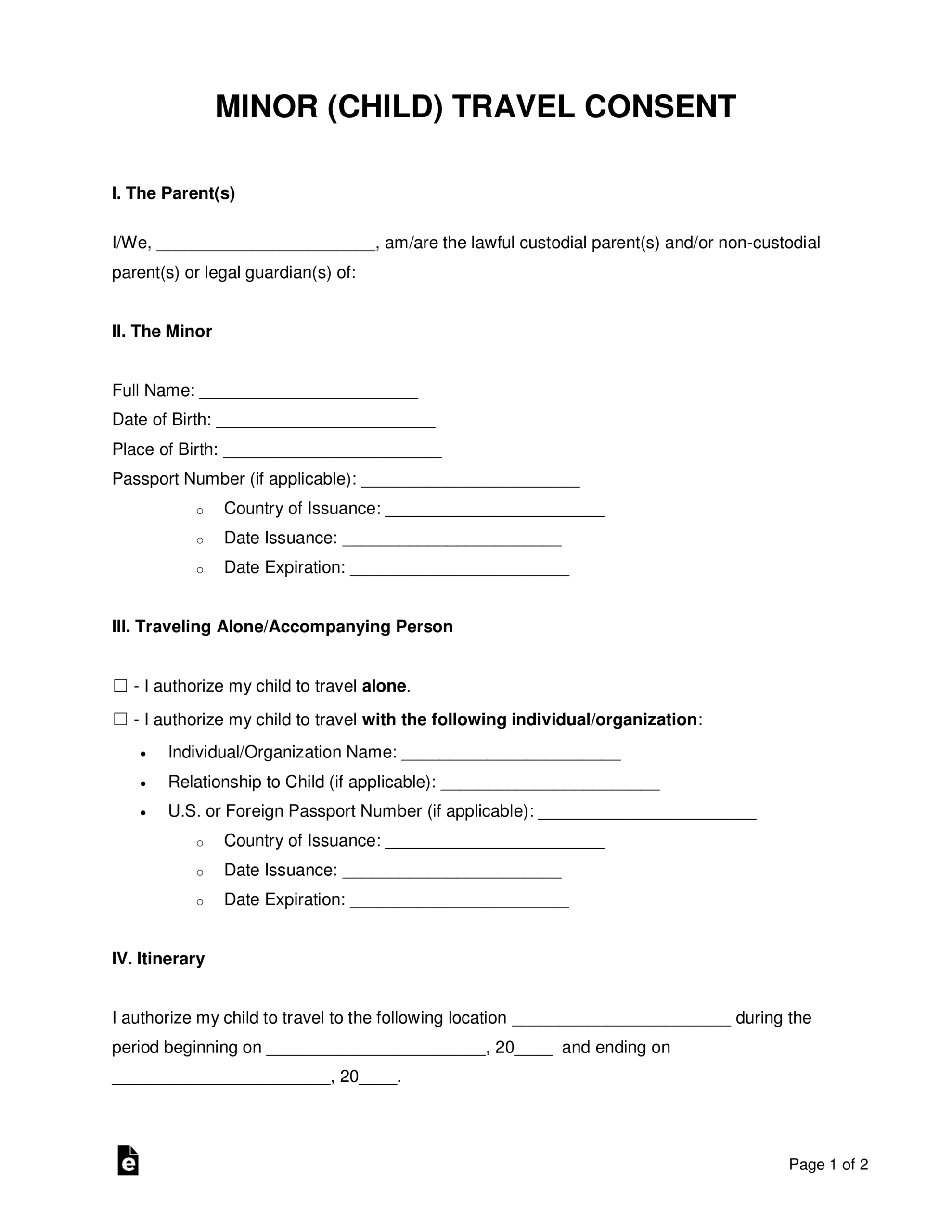Free Minor (Child) Travel Consent Form - Pdf | Word | Eforms Inside Notarized Letter Template For Child Travel