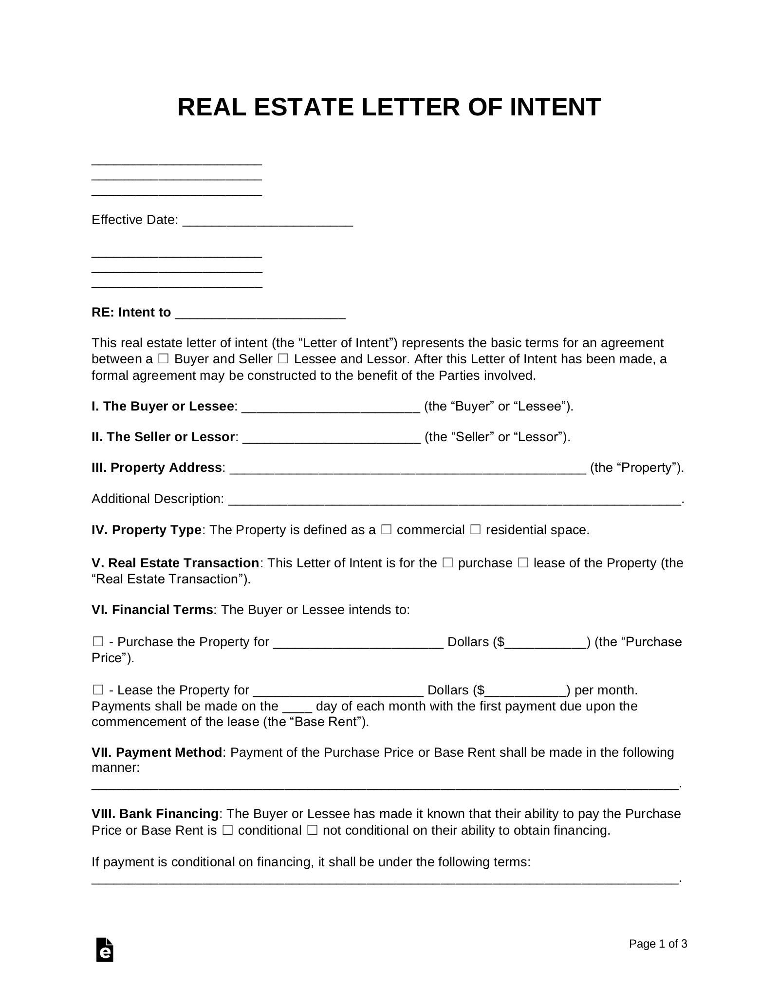 Free Real Estate Letter Of Intent – Purchase Or Lease – Word Throughout Letter Of Intent For Real Estate Purchase Template