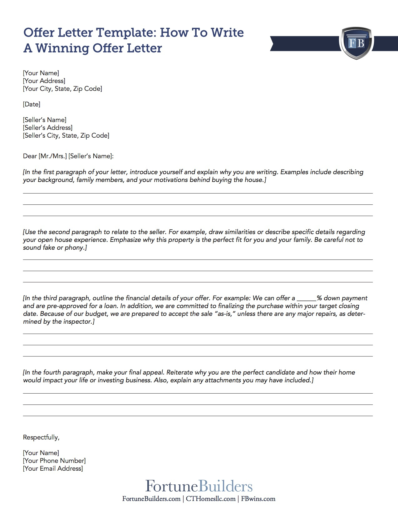 Free Real Estate Offer Letter Template | Fortunebuilders For Home Offer Letter Template