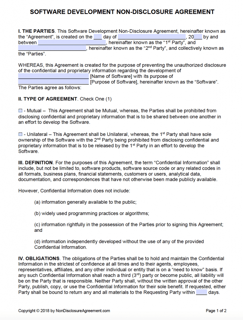 Free Software Development Non Disclosure Agreement (Nda With Regard To Nda Template Word Document