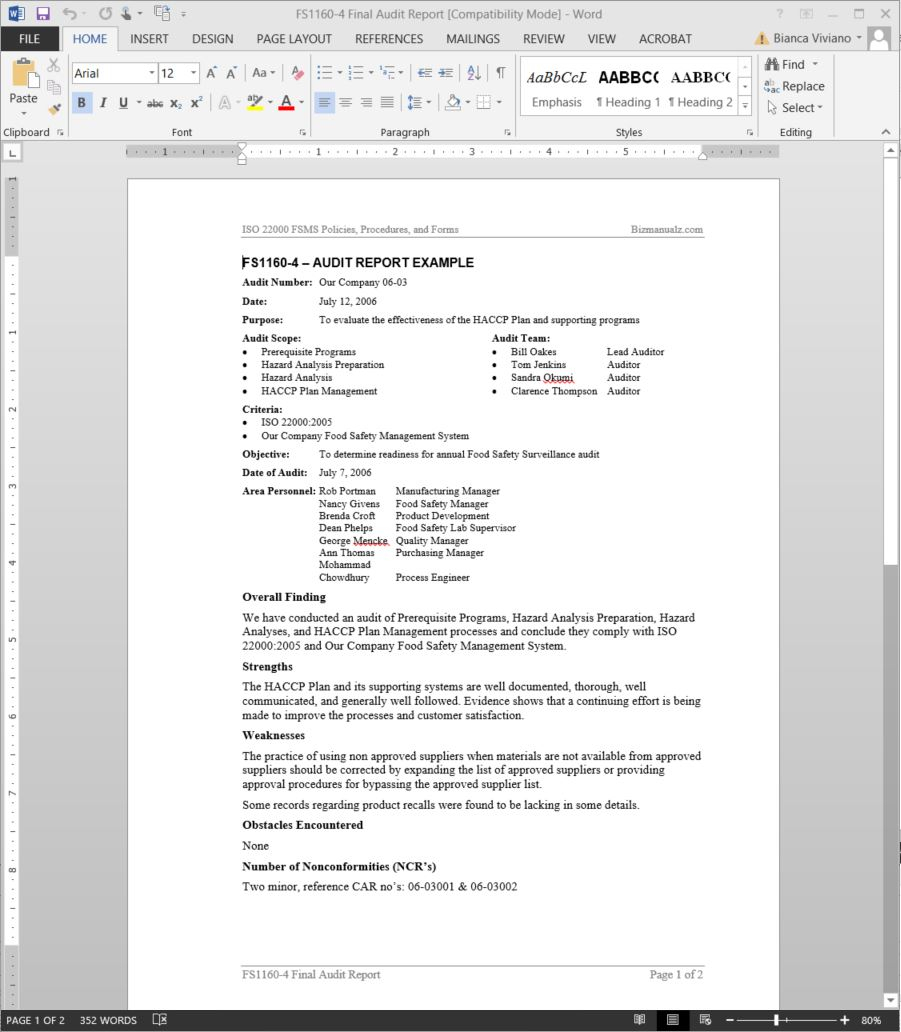 Fsms Audit Report Example Template | Fds1160 4 For Iso 9001 Internal Audit Report Template