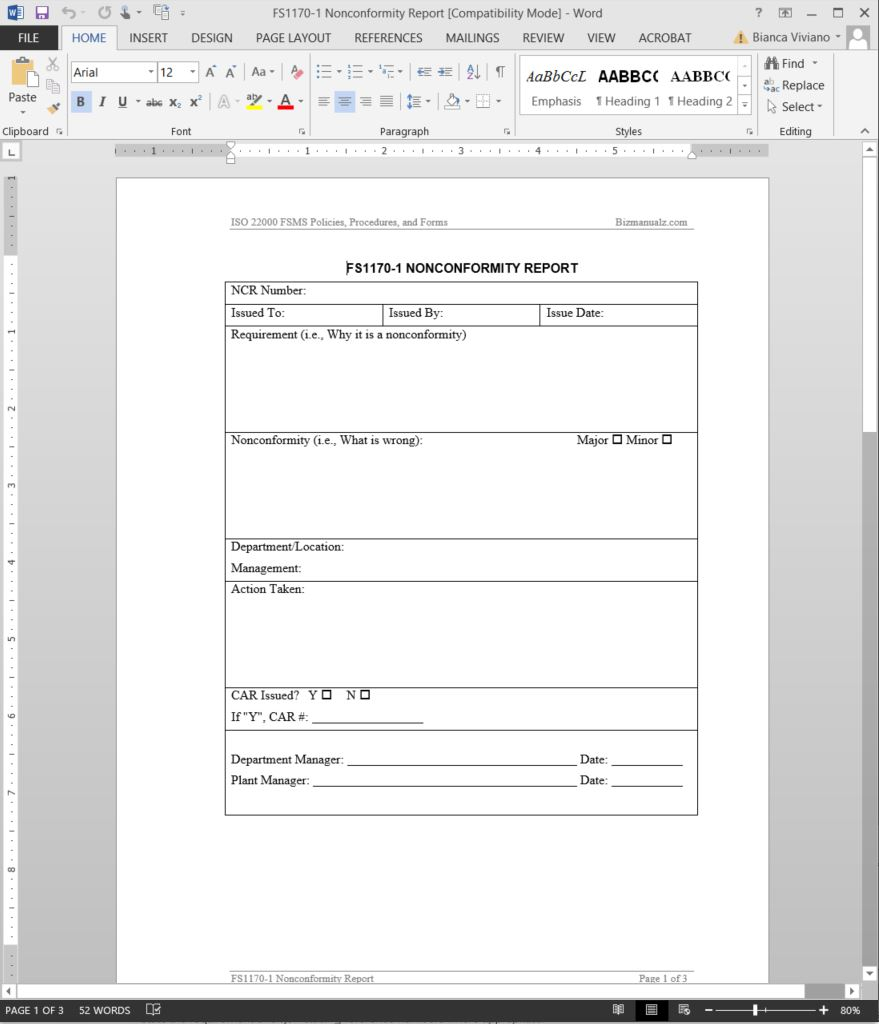 Fsms Nonconformity Report Template | Fds1170 1 For Ncr Report Template