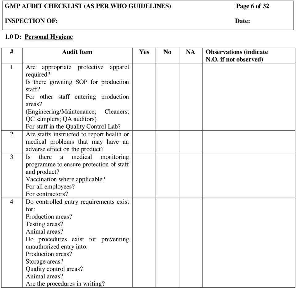 Gmp Audit Checklist (As Per Who Guidelines) Page 1 Of 32 For Gmp Audit Report Template