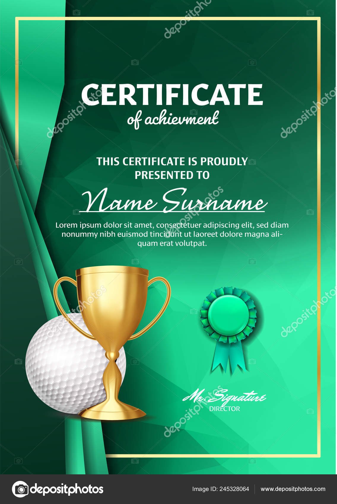 Golf Certificate Diploma With Golden Cup Vector. Sport Award With Golf Certificate Template Free