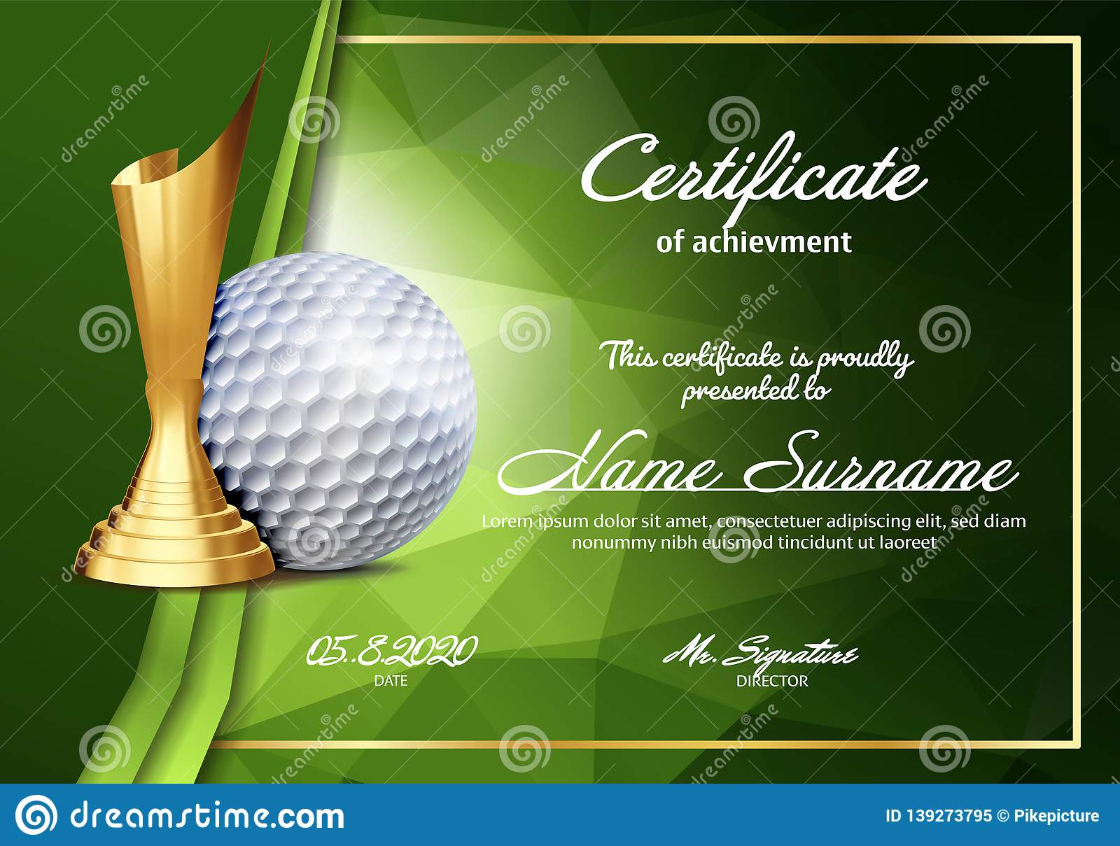 Golf Certificate Diploma With Golden Cup Vector. Sport Inside Golf Gift Certificate Template