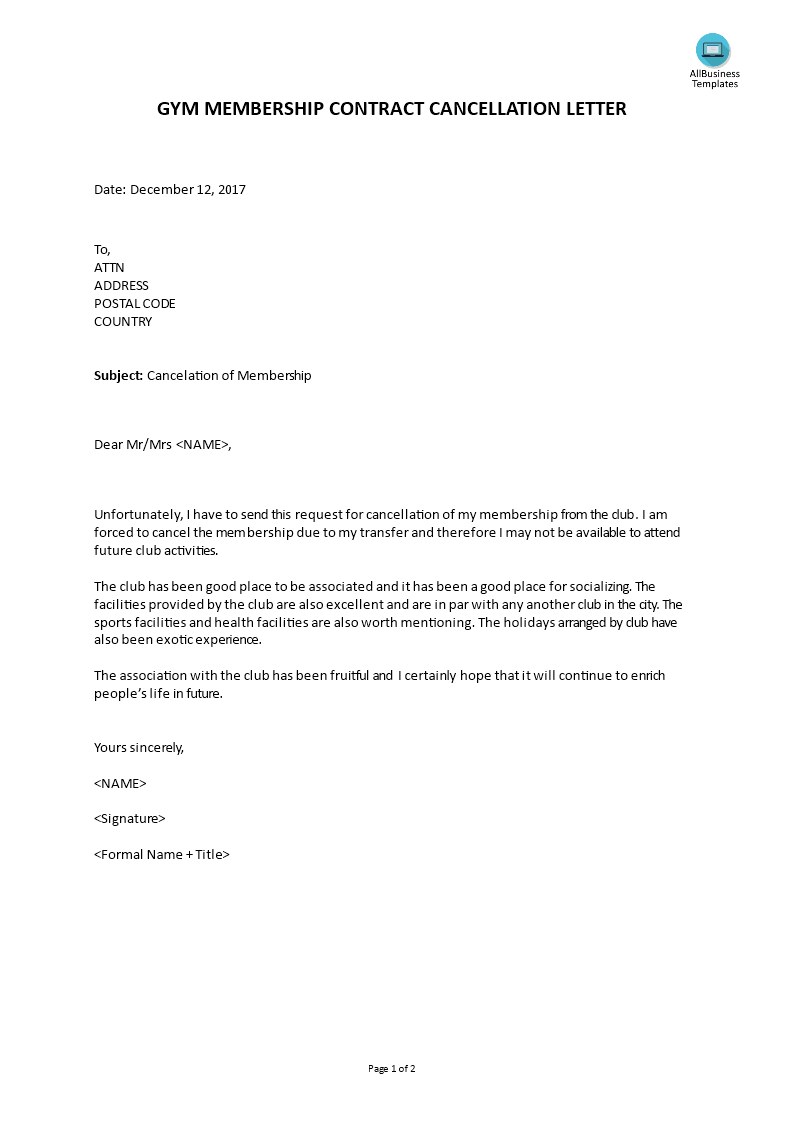 Gym Membership Contract Cancellation Letter | Templates At With Regard To Gym Membership Cancellation Letter Template Free