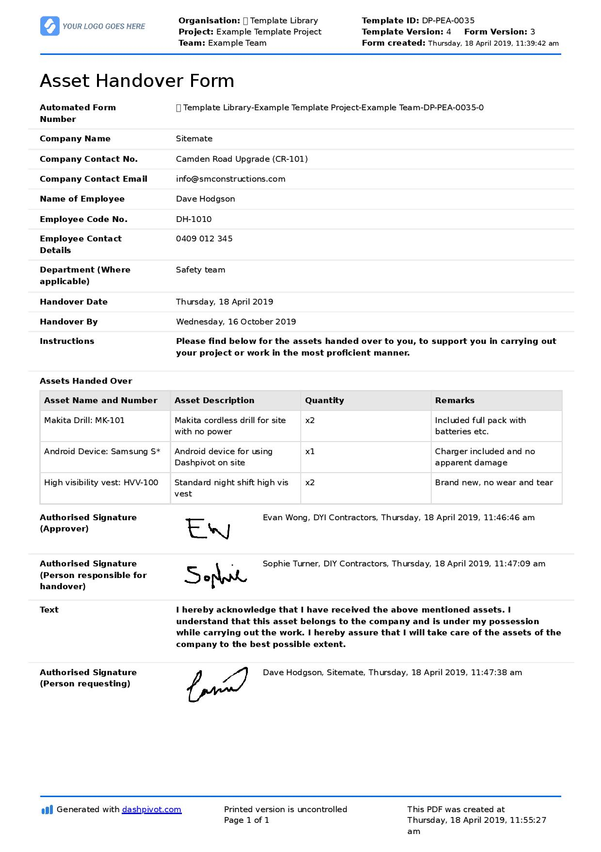 Handover Example – Colona.rsd7 Throughout Handover Certificate Template