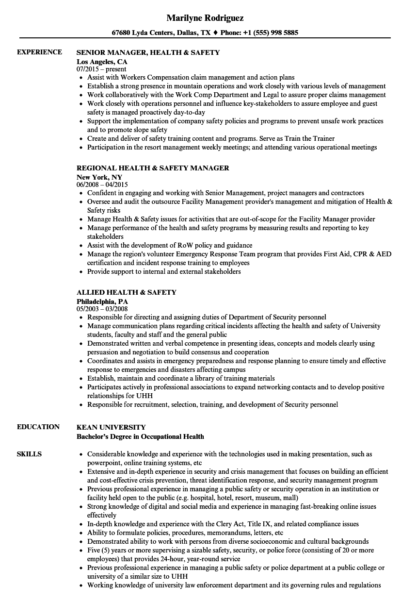 Health & Safety Resume Samples | Velvet Jobs Regarding Health And Safety Policy Template For Small Business