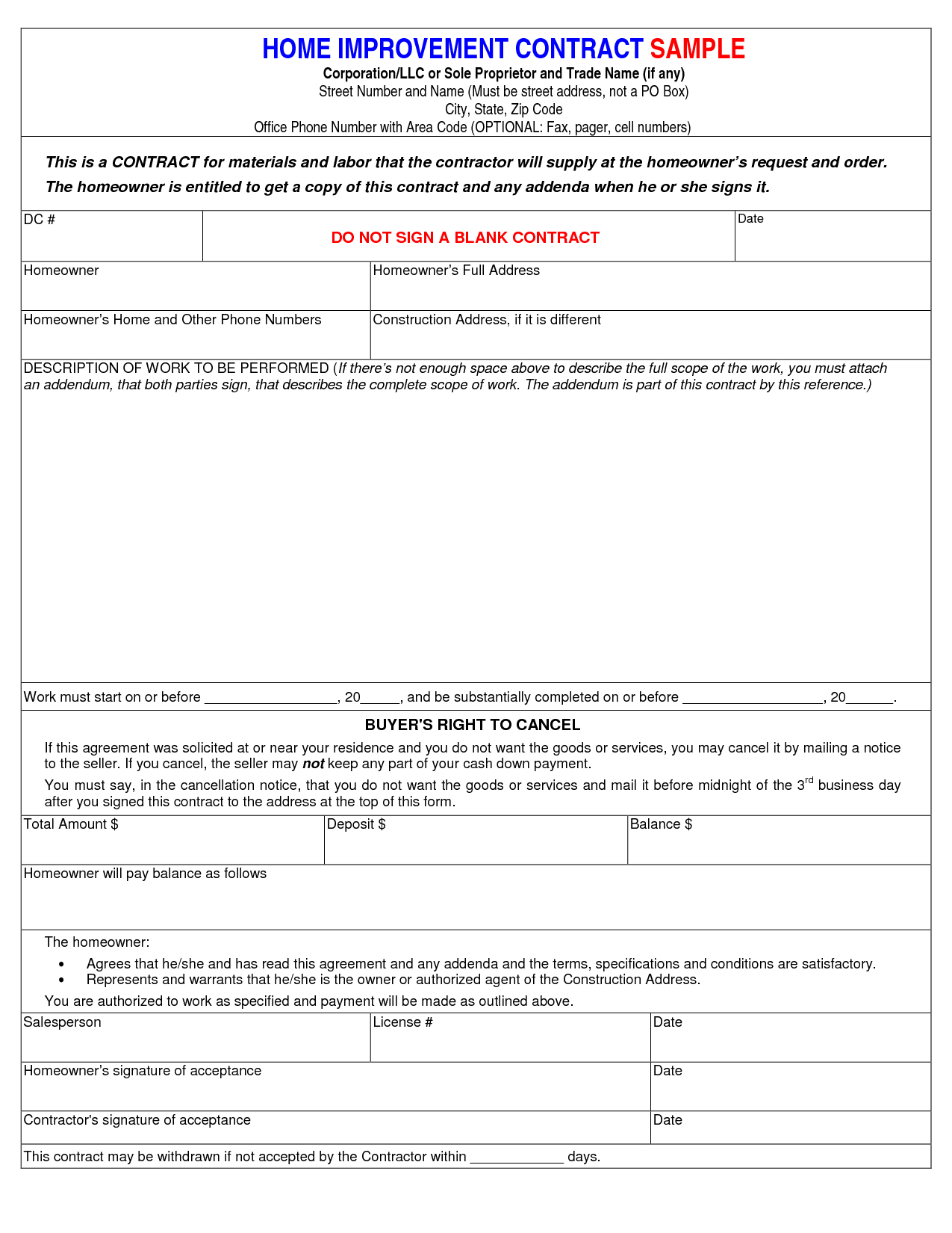 Home Improvement Contract – Free Printable Documents Intended For Home Improvement Contract Template