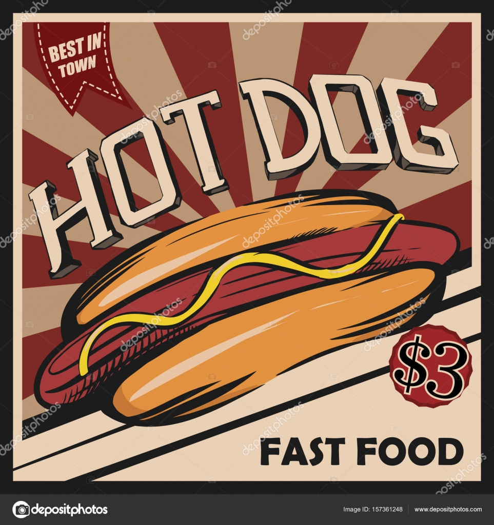 Hot Dog. Retro Poster. Vector Template For Delicious Fast Intended For Hot Dog Flyer Template