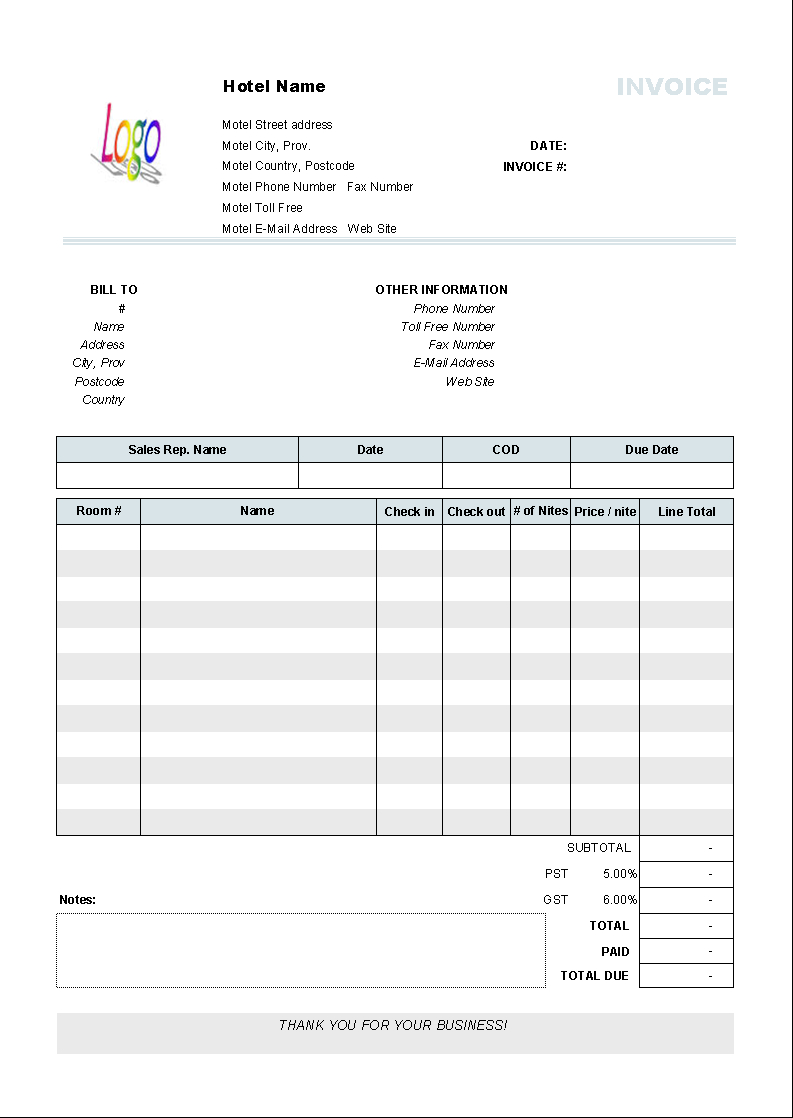 Hotel Invoice Template Xls Free Word Bill Format In Excel Intended For Invoice Template Xls Free Download