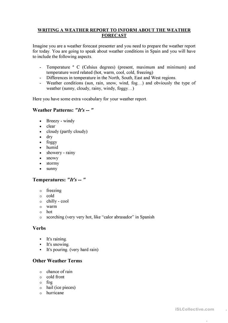 How To Write A Weather Report - English Esl Worksheets For Kids Weather Report Template