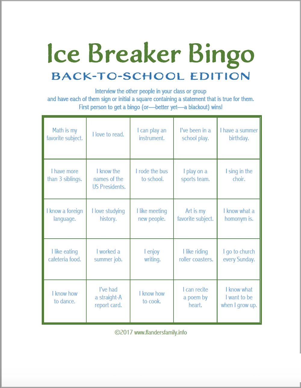 Ice Breaker Bingo: Back To School Version - Flanders Family With Ice Breaker Bingo Card Template