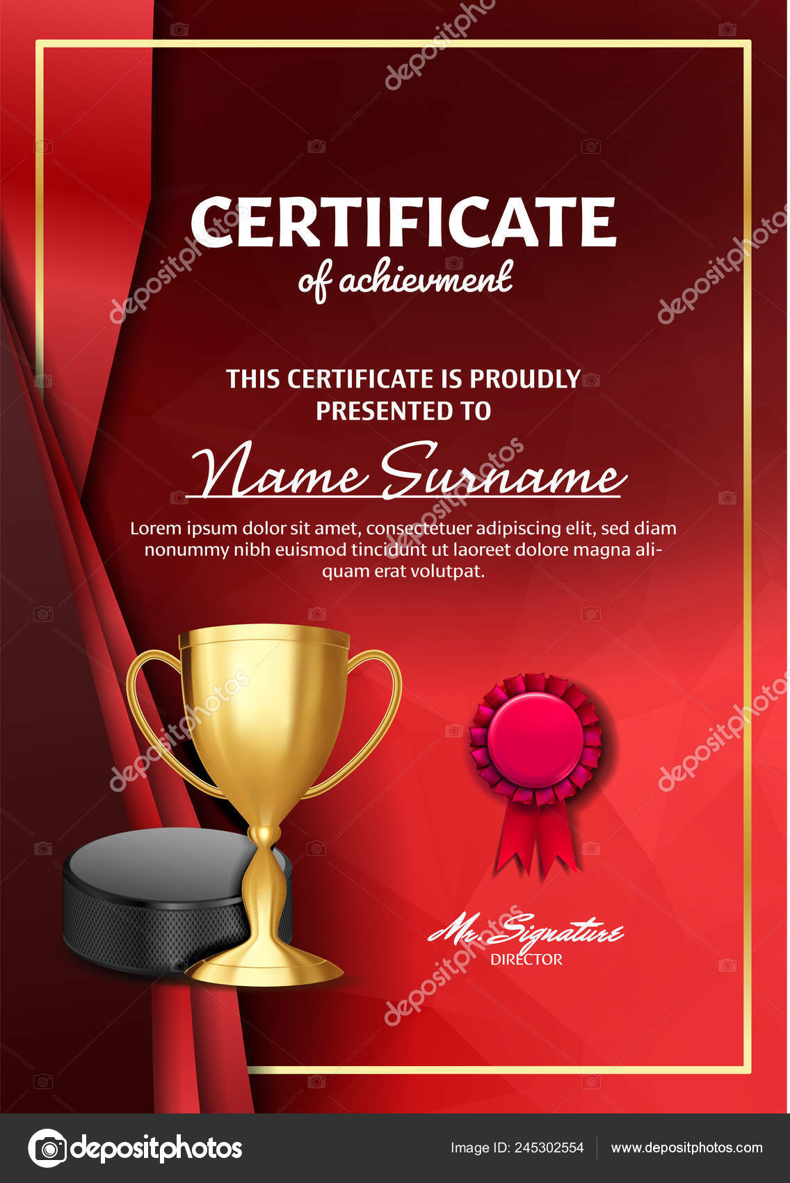 Ice Hockey Certificate Diploma With Golden Cup Vector. Sport With Regard To Hockey Certificate Templates