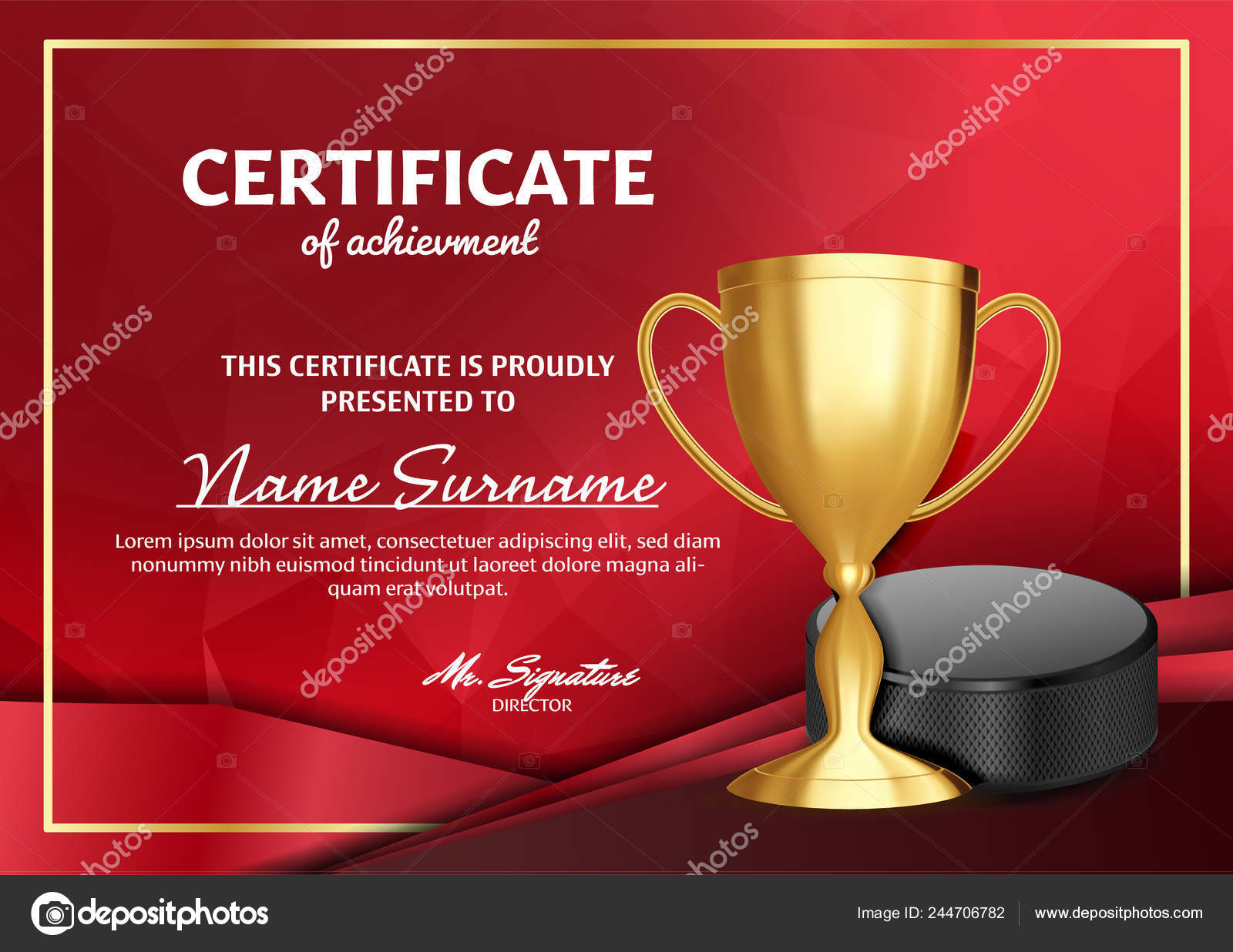 Ice Hockey Certificate Diploma With Golden Cup Vector. Sport With Regard To Hockey Certificate Templates