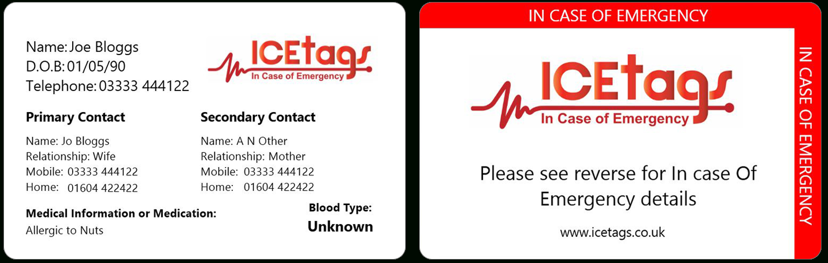 Ice Wallet Card | Full Size Icetags | Free Uk Delivery Within In Case Of Emergency Card Template