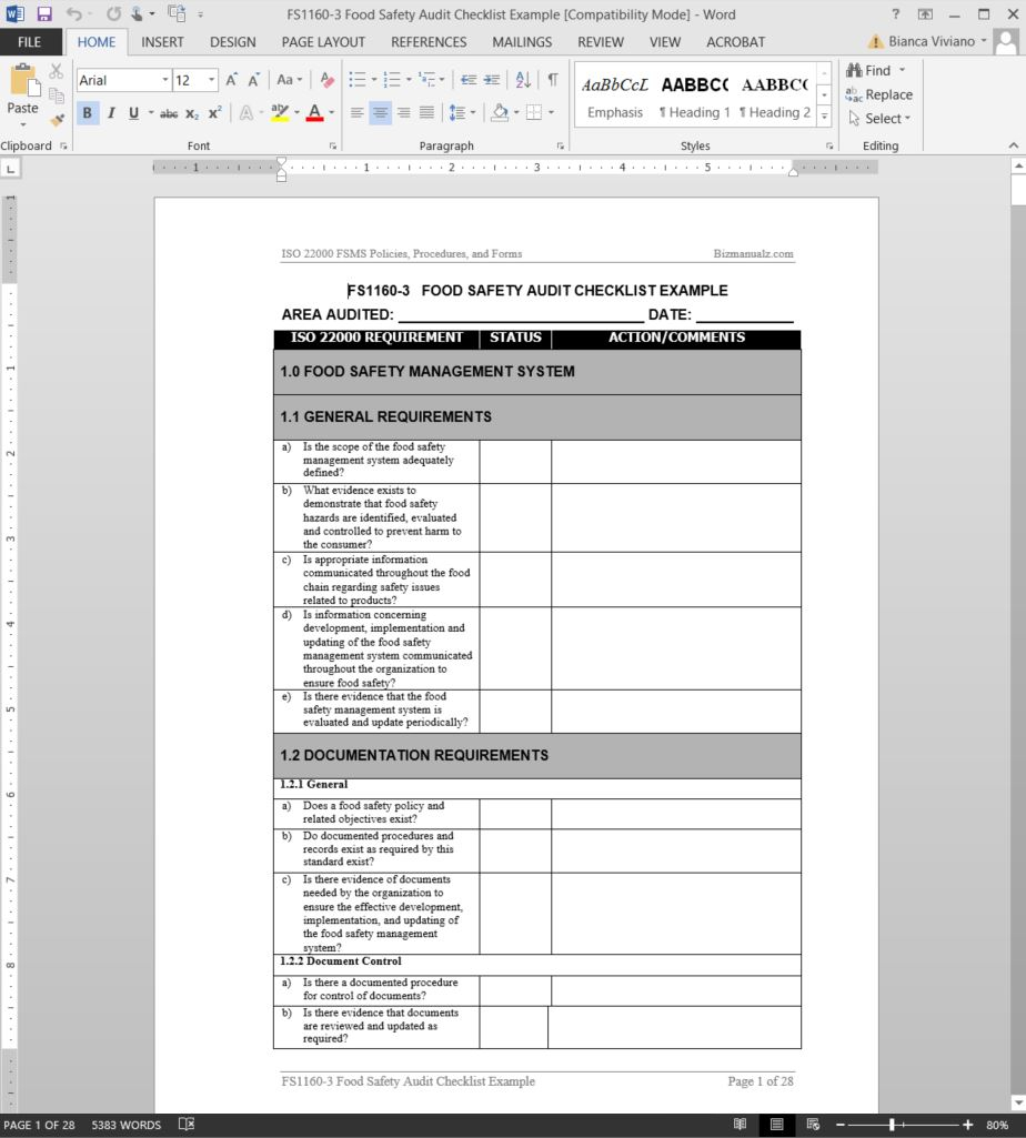 Idea Of Life: Food Safety Audit Checklist Throughout Gmp Audit Report Template