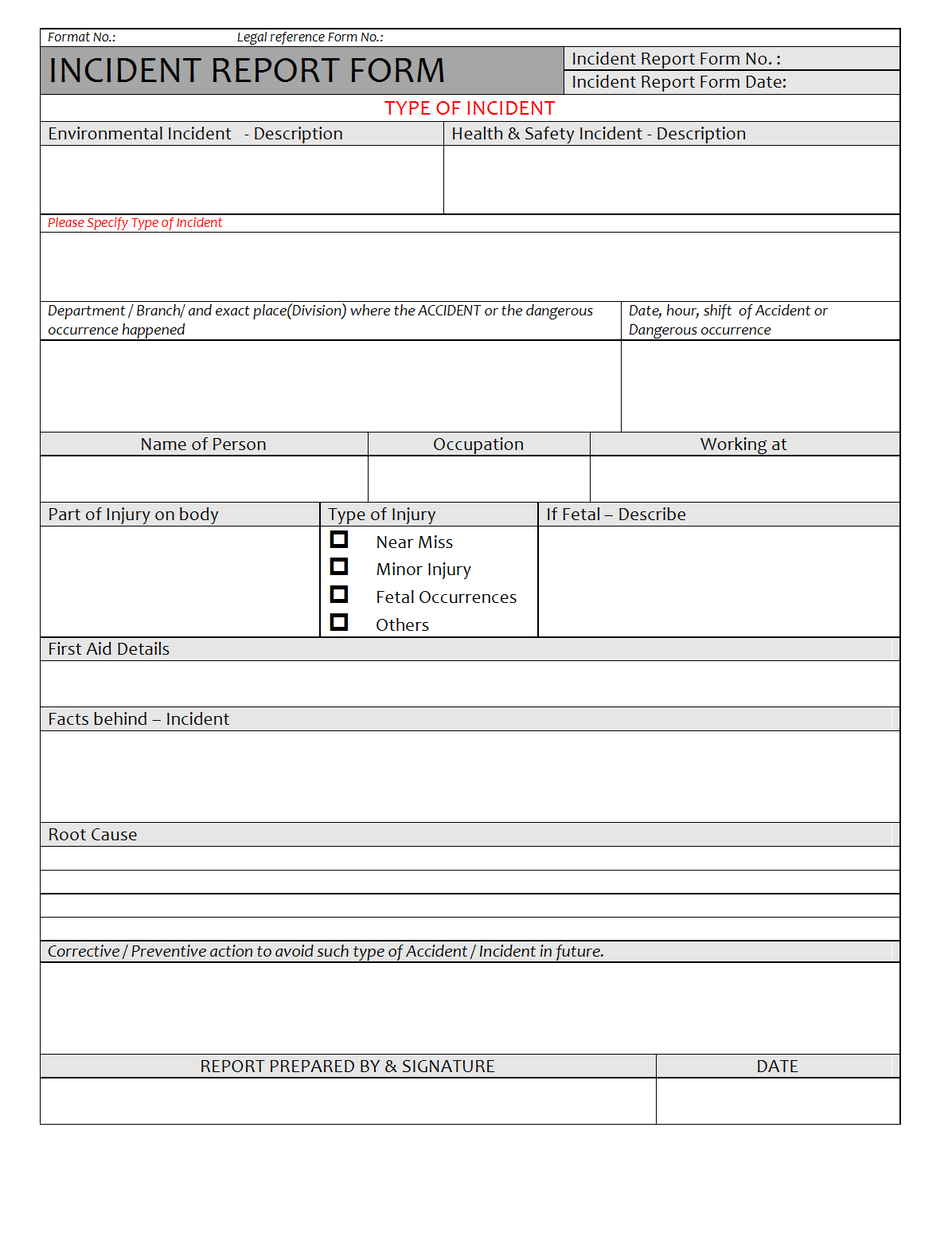 Incident Report Form - For Health And Safety Incident Report Form Template
