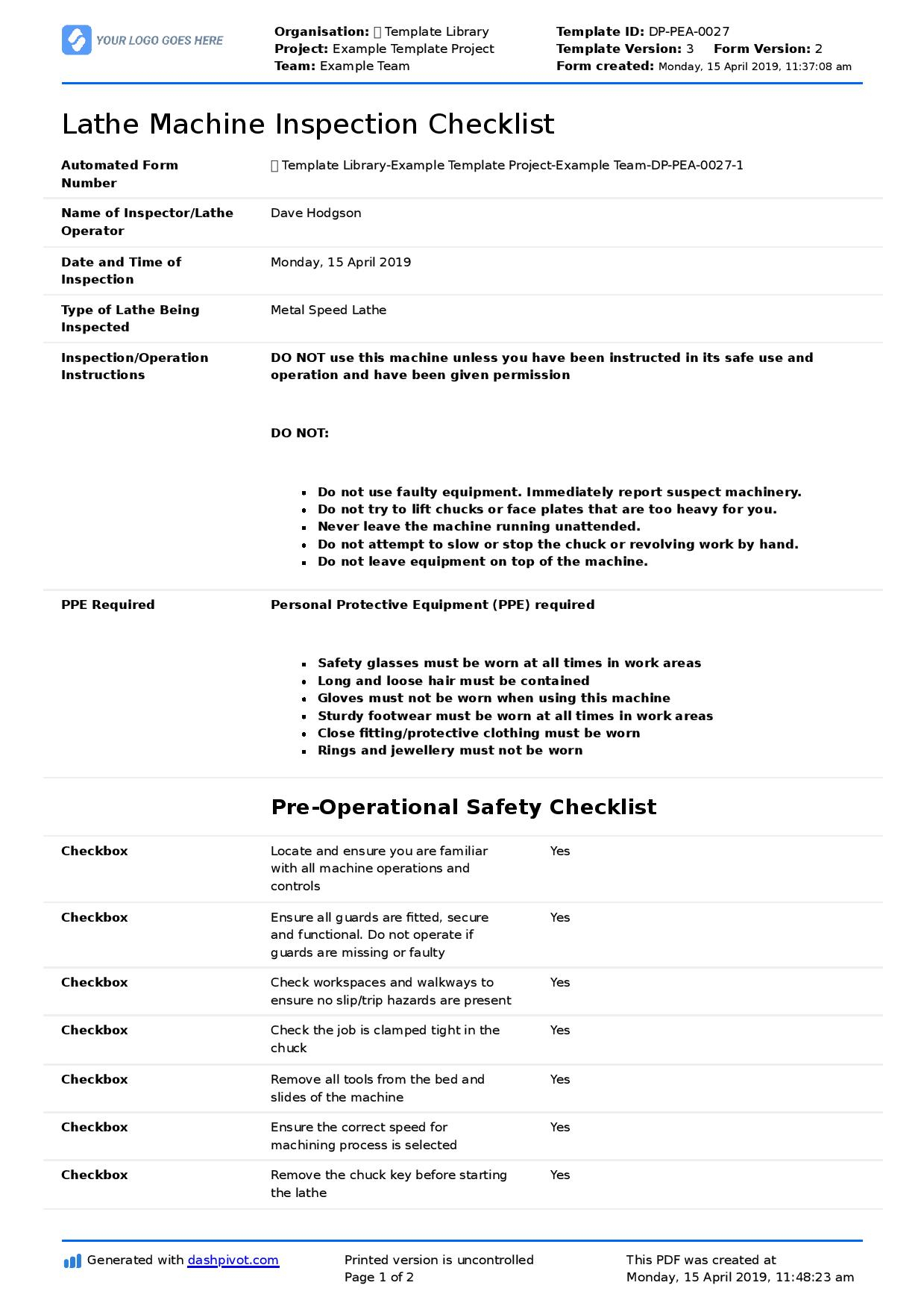 Inspection Spreadsheet Template Great Machine Shop Report With Regard To Machine Shop Inspection Report Template