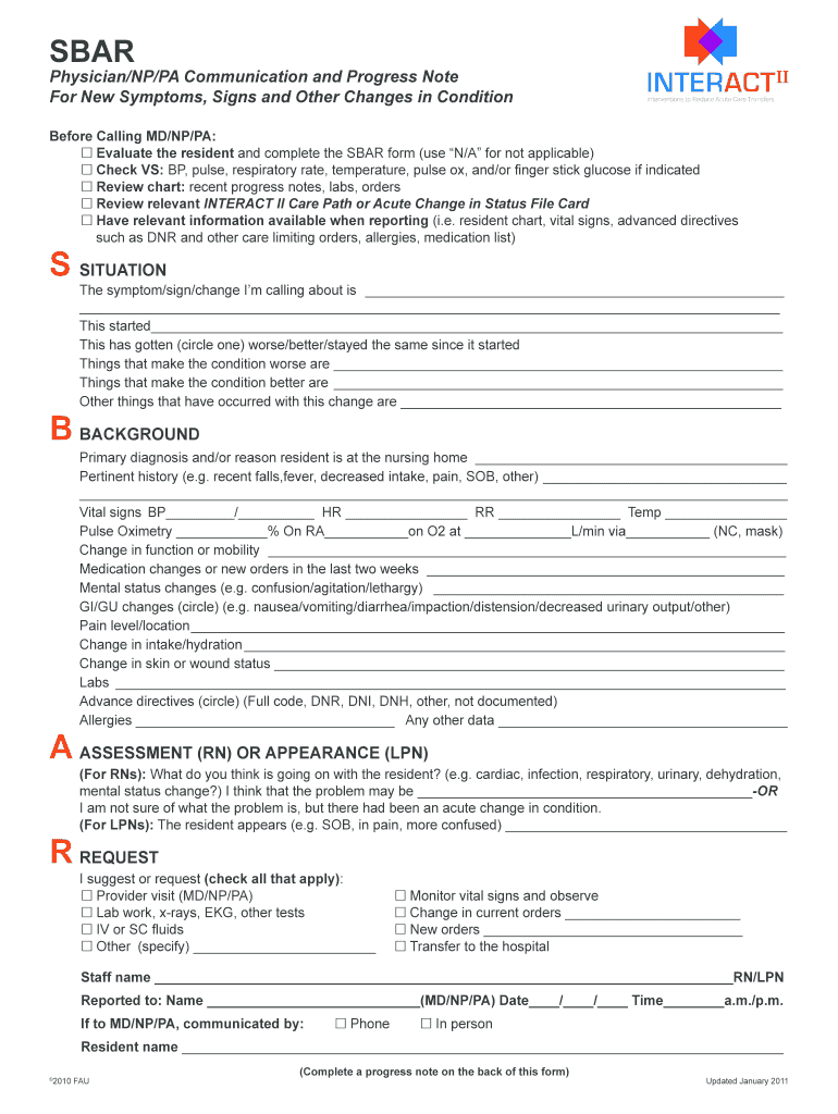 Interact Sbar – Fill Online, Printable, Fillable, Blank Throughout Nursing Home Physician Progress Note Template
