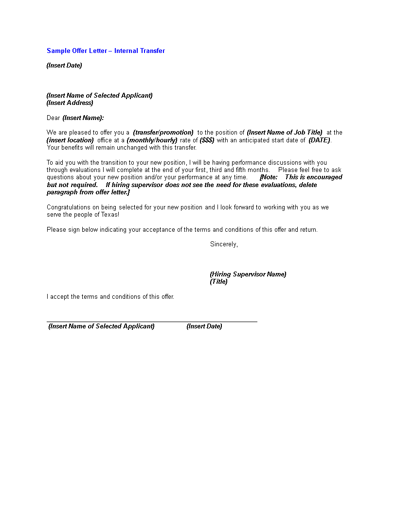 Internal Transfer Offer Letter | Templates At In Internal Transfer Letter Template