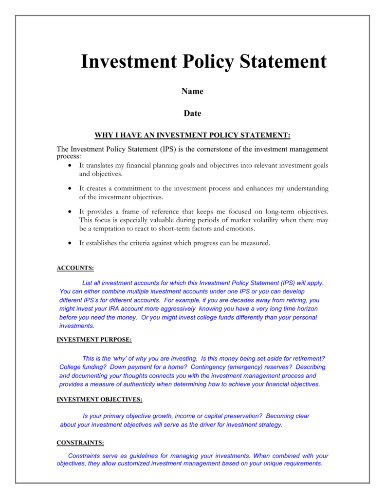 Investment Policy Statement (Ips) – Sample Pertaining To Investment Policy Statement Template