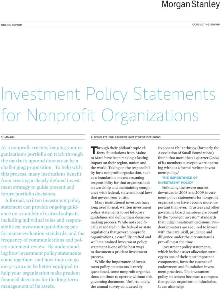 Investment Policy Statements For Nonprofit Organizations For Investment