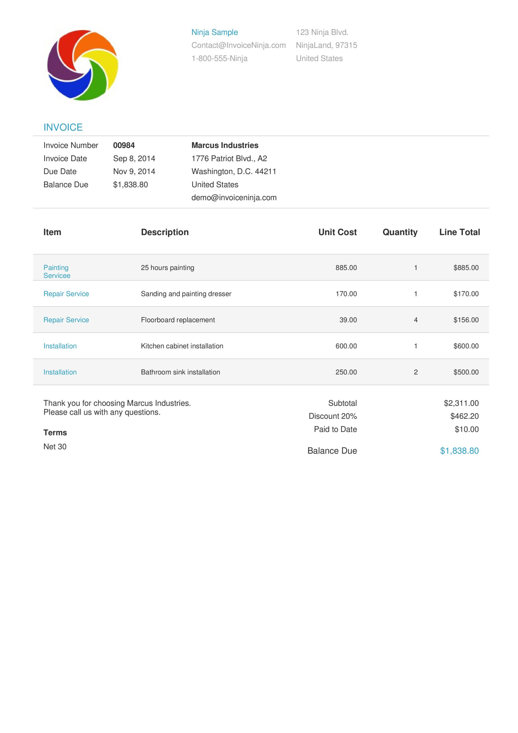 Invoice & Quotation Template Designs | Invoice Ninja Throughout Invoice Template Android