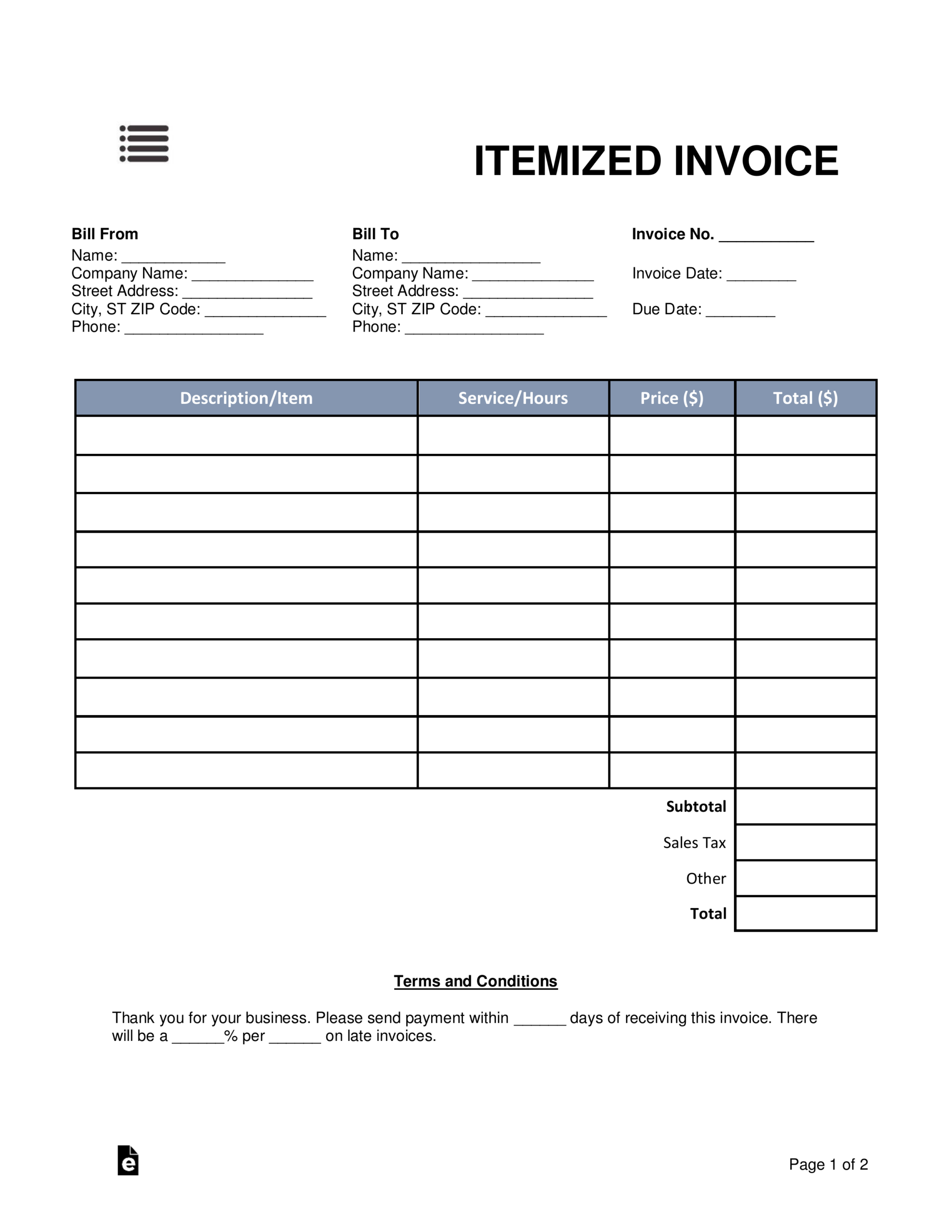 Itemized Bill Of Sale - Firuse.rsd7 Regarding Itemized Invoice Template