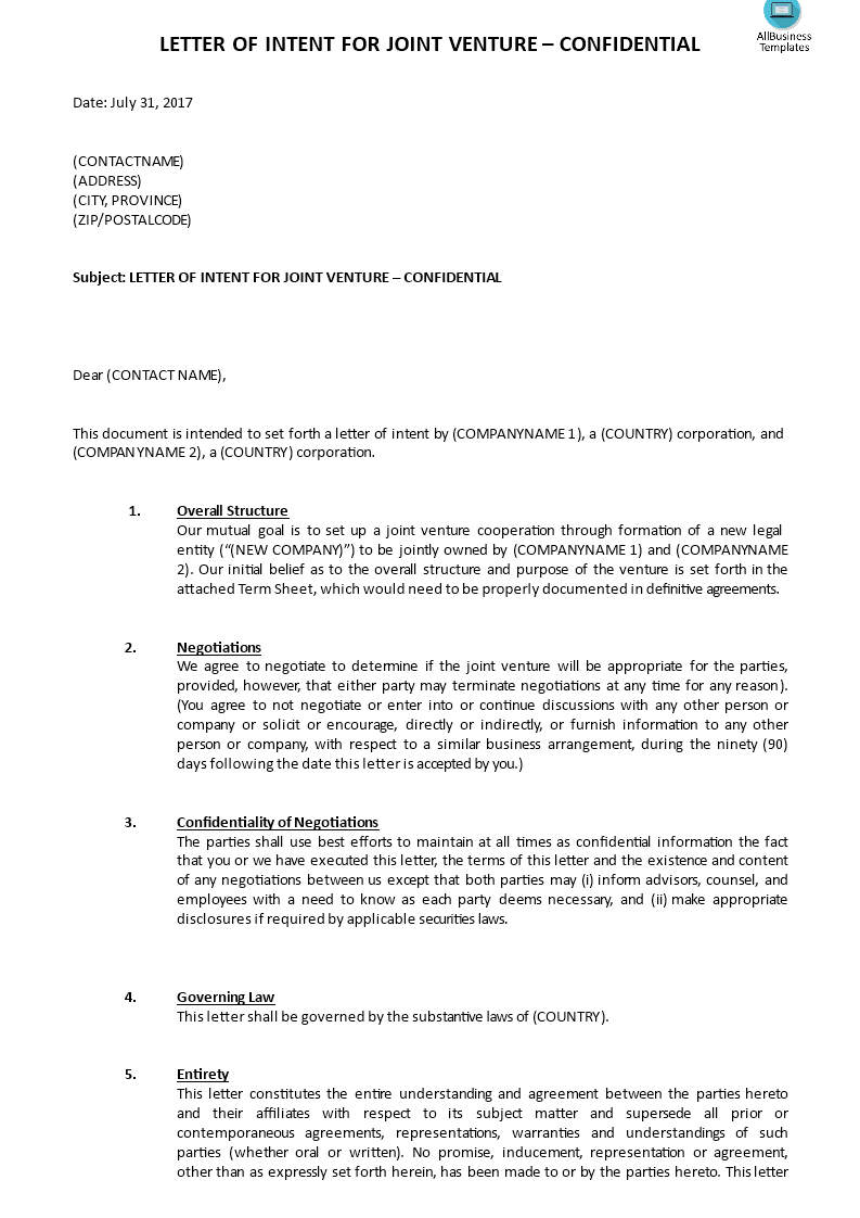 Joint Venture Letter Of Intent Template | Templates At With Regard To Letter Of Intent For Business Partnership Template
