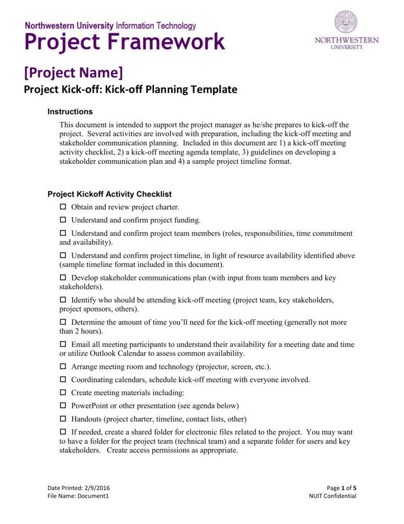 Kick Off Planning Template – Northwestern University Information In Kick Off Meeting Template
