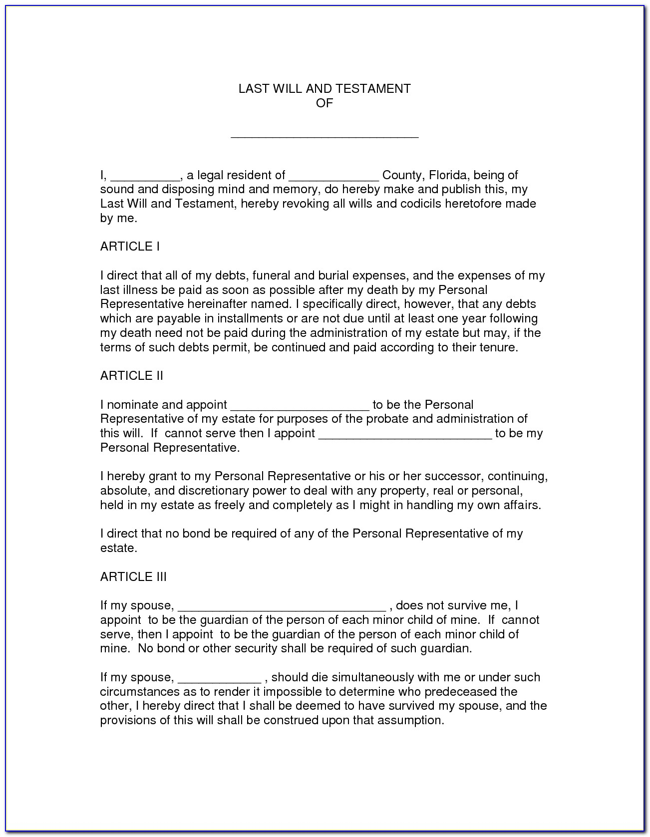 Last Will And Testament Florida Forms Free – Form : Resume Pertaining To Last Will And Testament Template Florida