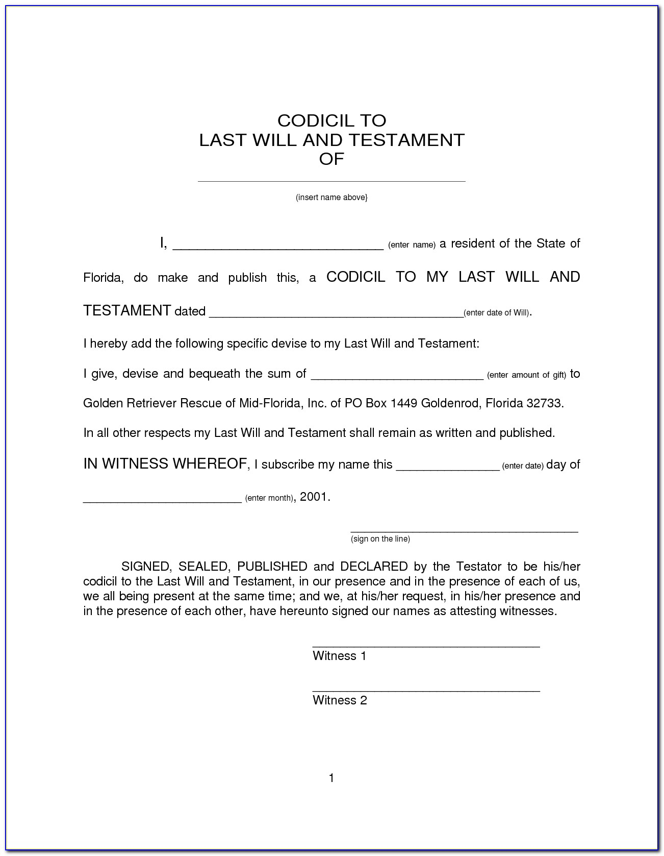 Last Will And Testament Template (6) | Best Agenda Templates In Last Will And Testament Template Florida