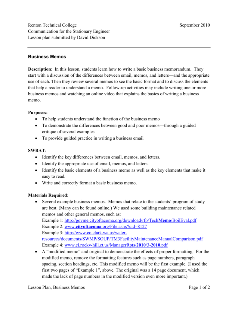 Lesson Plan, Business Memos – Construction Center Of Excellence Pertaining To Memo Template Word 2010