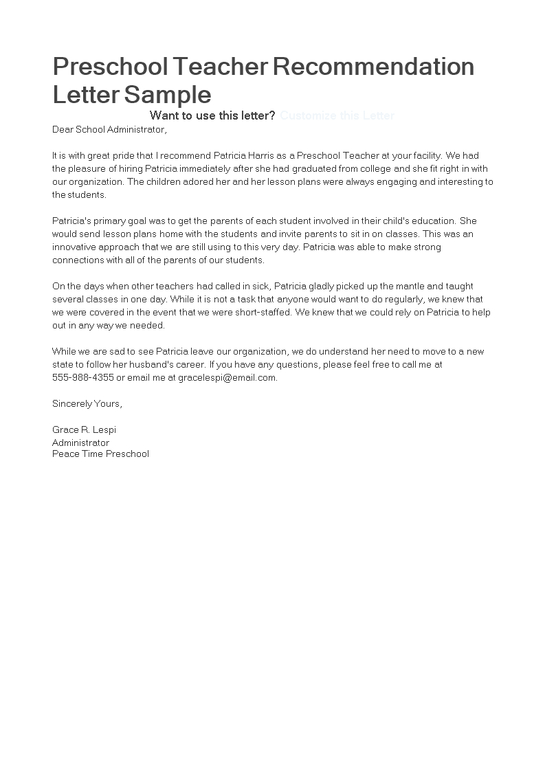Letter Of Recommendation For Preschool Teacher From Parent With Letters To Parents From Teachers Templates