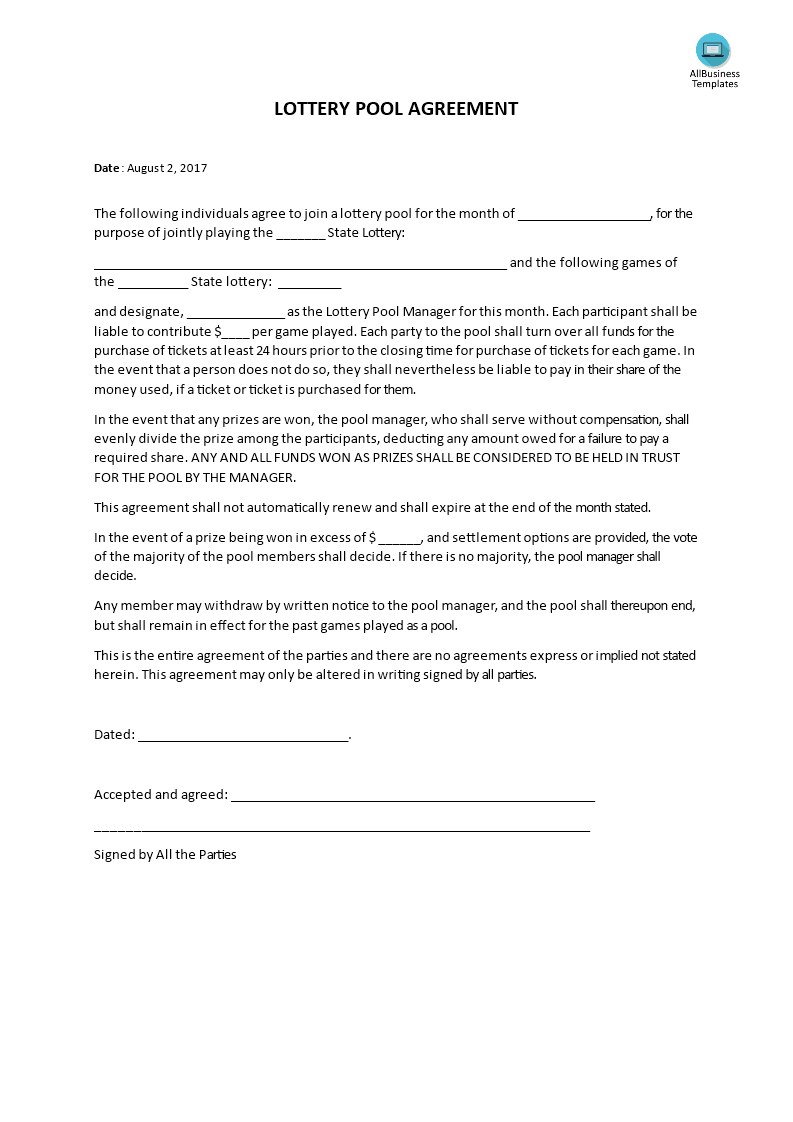 Lottery Pool Agreement Template | Templates At Throughout Lottery Pool Agreement Template