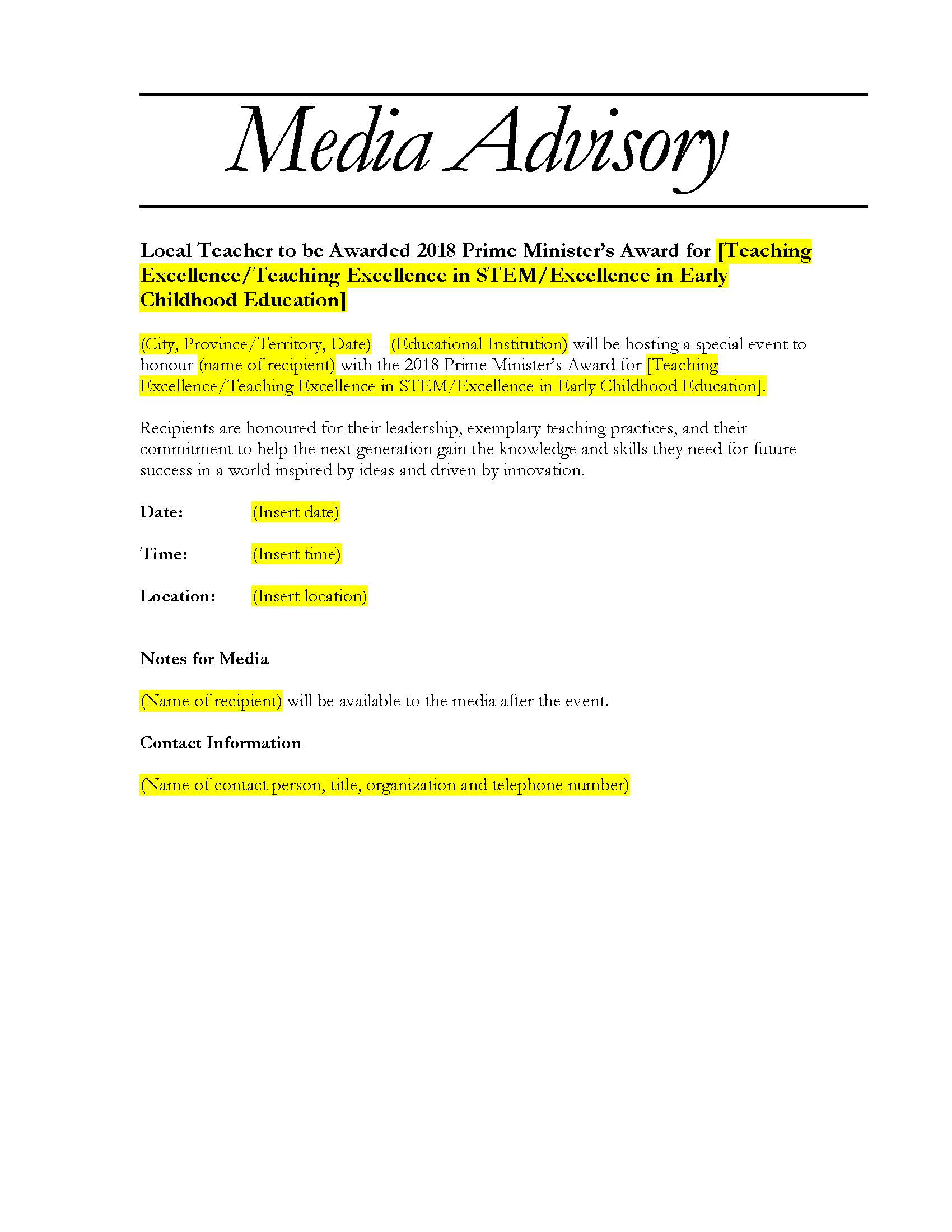 Media Advisory Example - Colona.rsd7 Pertaining To Media Advisory Template