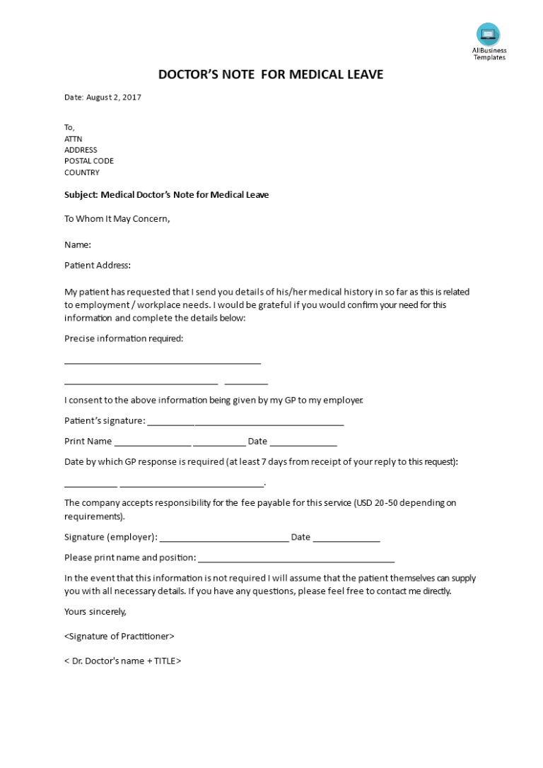 Medical Doctor Note For Medical Leave Templates At Within Medical