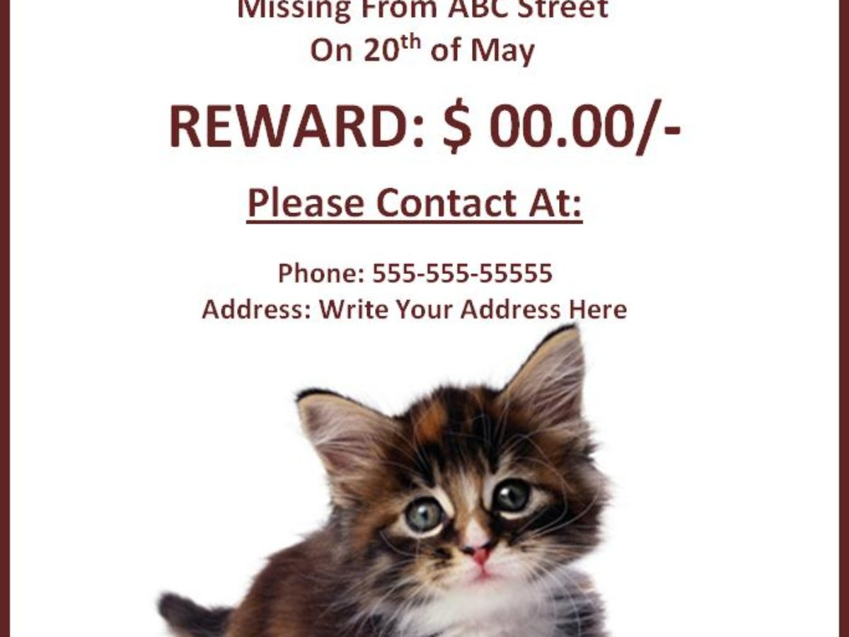 Missing Or Lost Pet Poster Template | Free Printable Ms Word Regarding Lost Pet Flyer Template