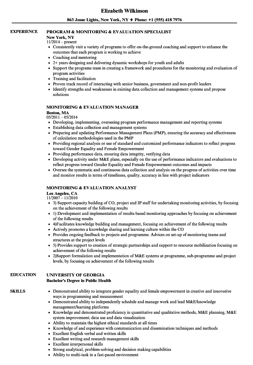 Monitoring & Evaluation Resume Samples | Velvet Jobs With Regard To M&e Report Template