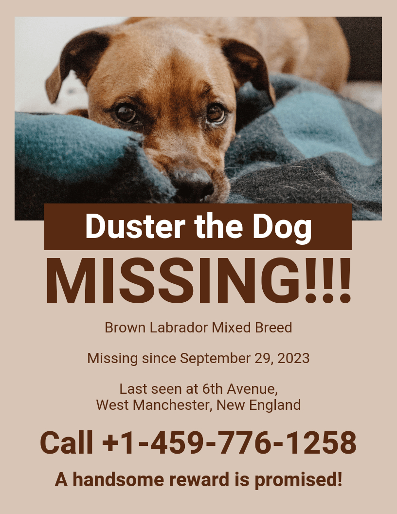 Monochromatic Missing Dog Poster Template Regarding Missing Dog Flyer Template