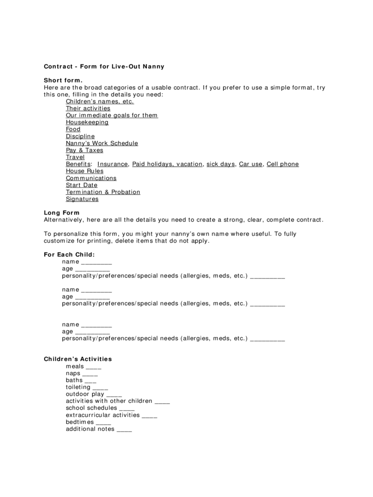 Nanny Contract Template – 2 Free Templates In Pdf, Word With Regard To Nanny Notes Template