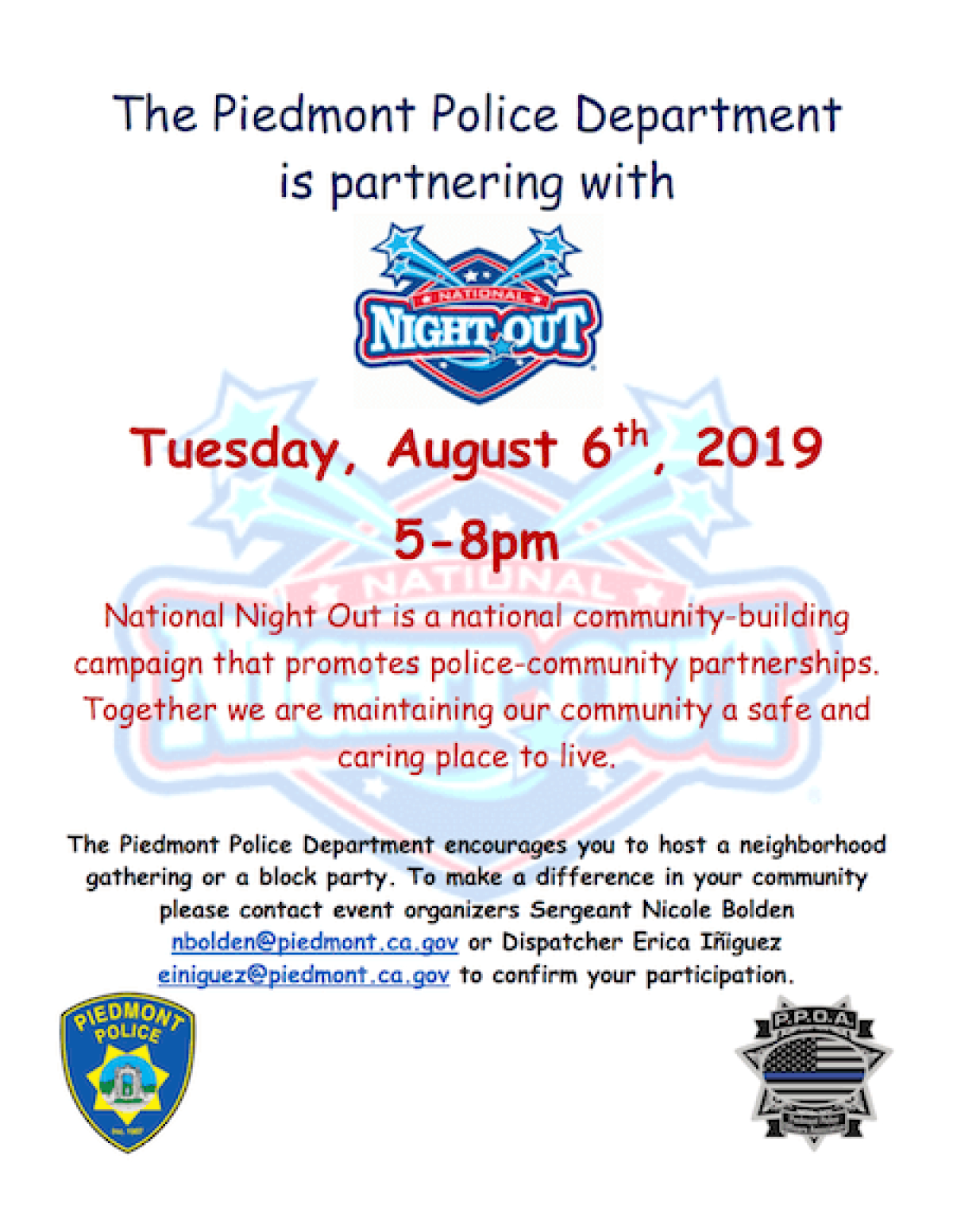 National Night Out – August 6Th – Piedmont Poa With National Night Out Flyer Template